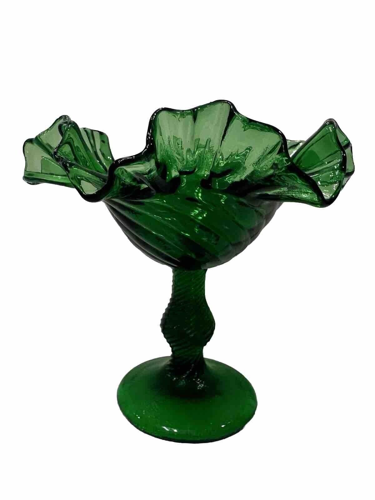 Vintage Fenton Colonial Green Swirl Glass Double Crimped Pedestal Candy Dish