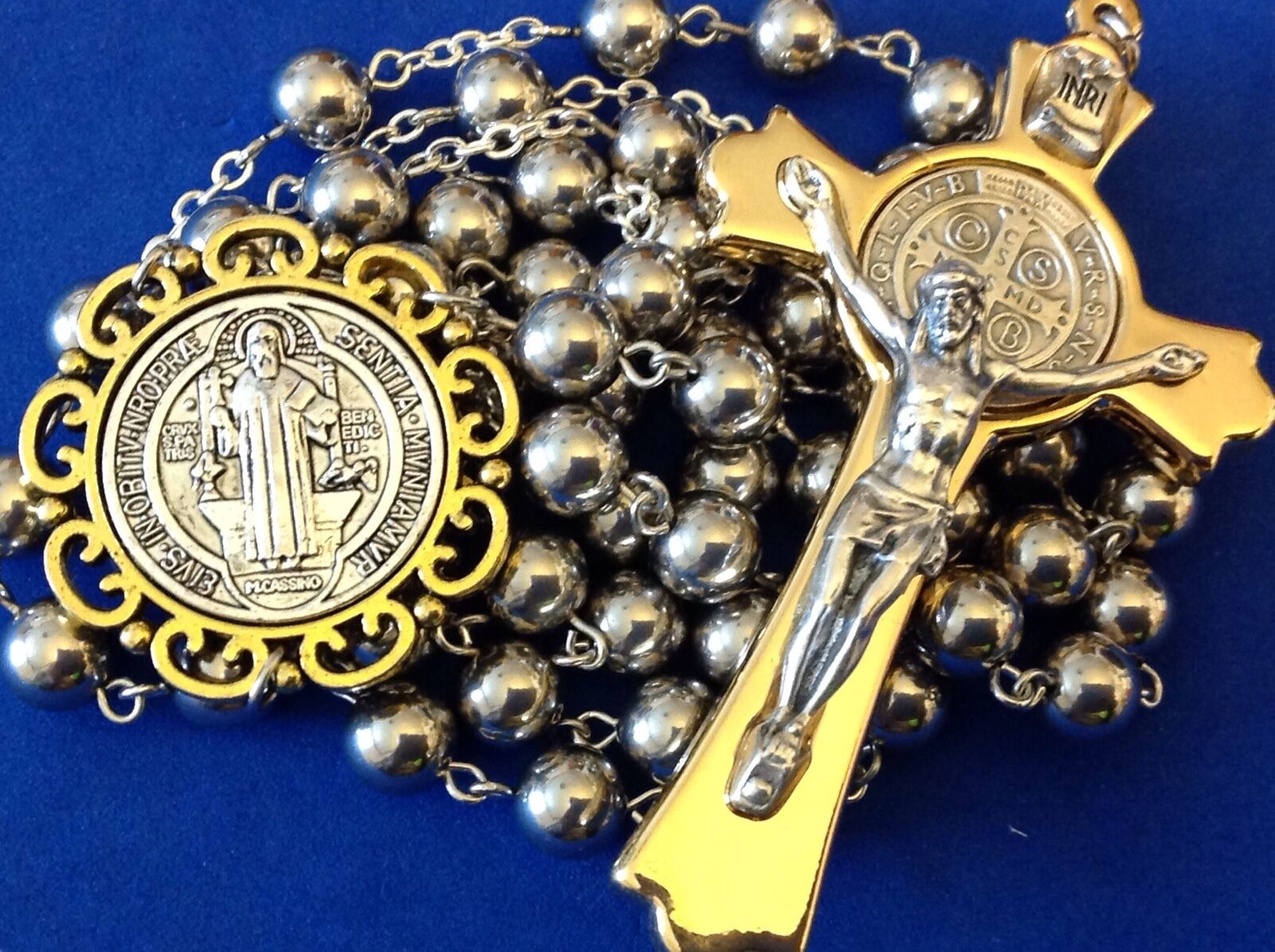 HUGE St BENEDICT ROSARY Stainless Saint Medal Large Crucifix Protection Two Tone