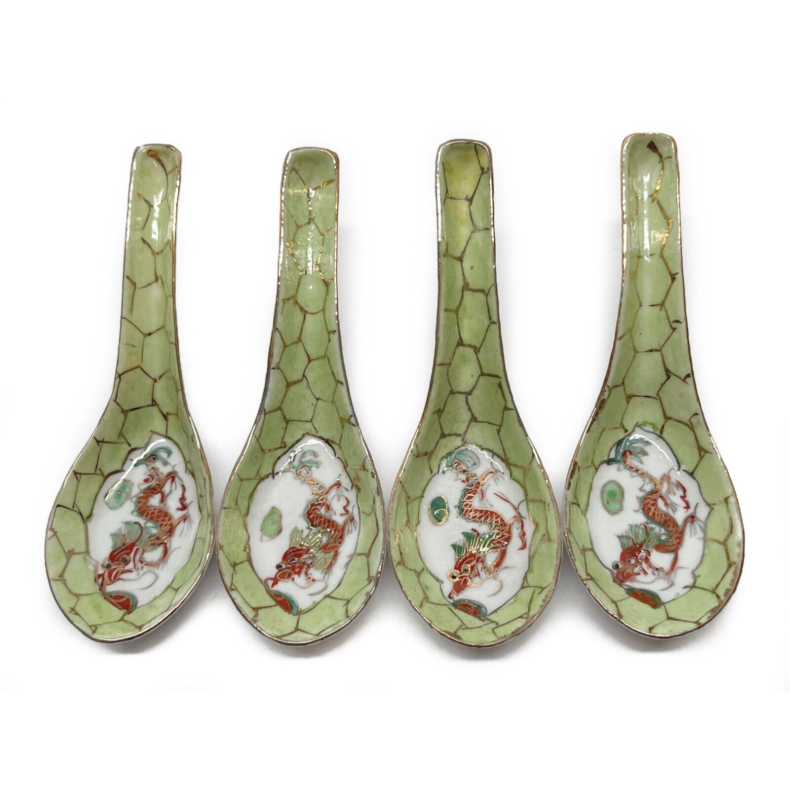 4 Asian Rice Soup Spoons Dragon Phoenix Porcelain Green Mid Century China