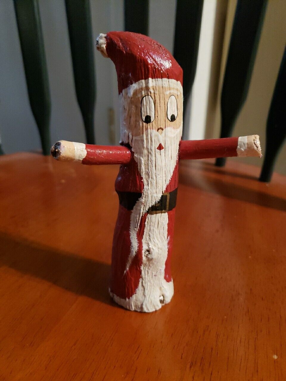 Vintage 90\'s Hand Painted Santa Christmas Figurine Made from Tree Stick Branch