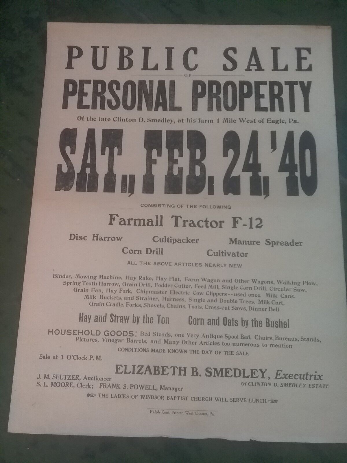 Vintage 1940 Public Sale Personal Property Poster Farm Equipment