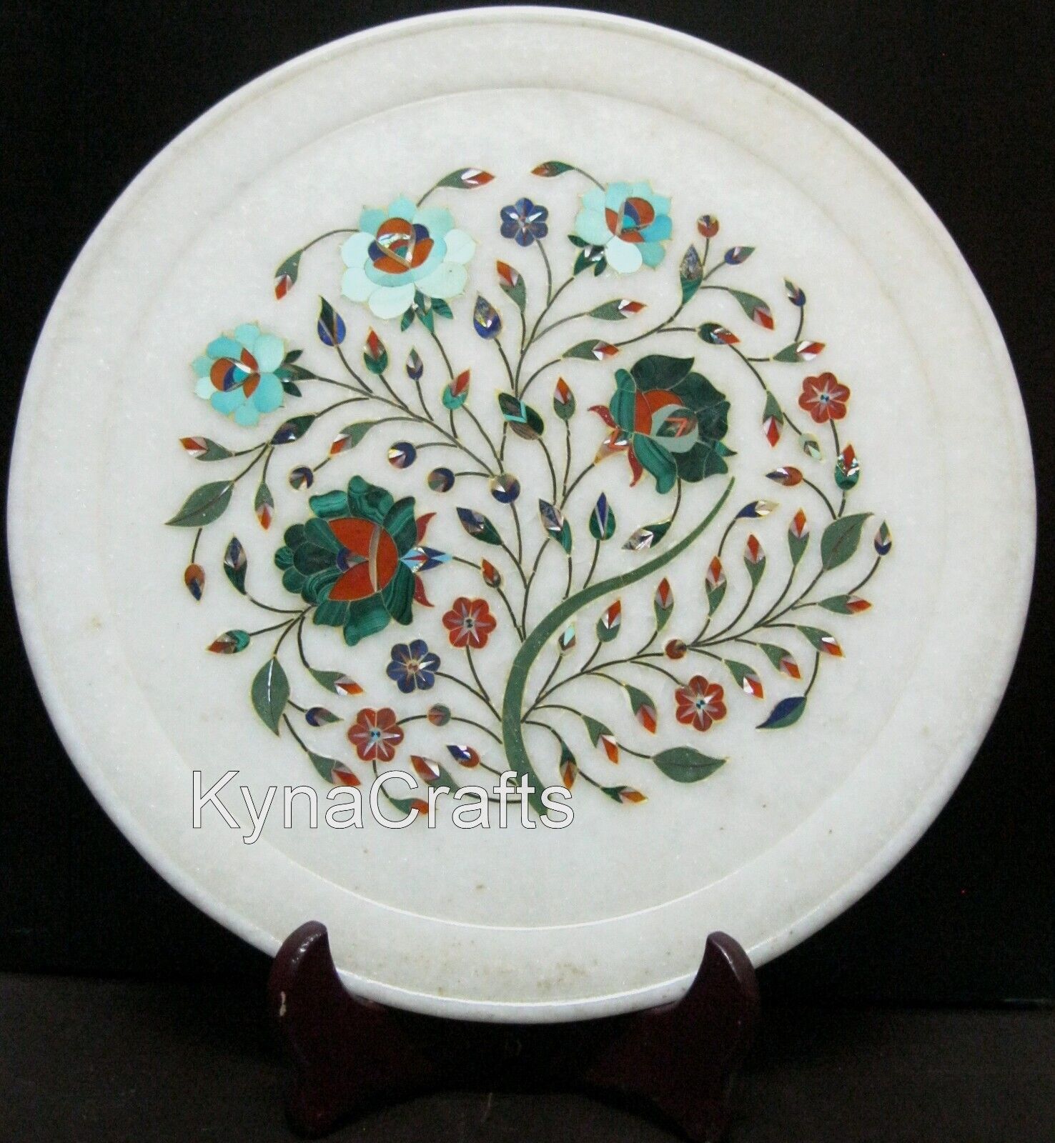 12 Inches Floral Design Inlaid Decorative Plate White Marble Table Decor Plate