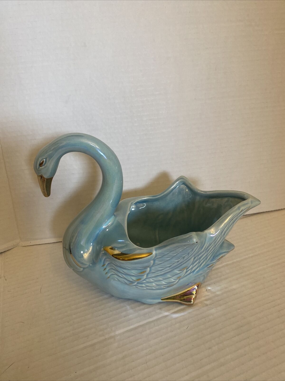 Vintage Blue And Gold Swan Planter  Lusterwear 