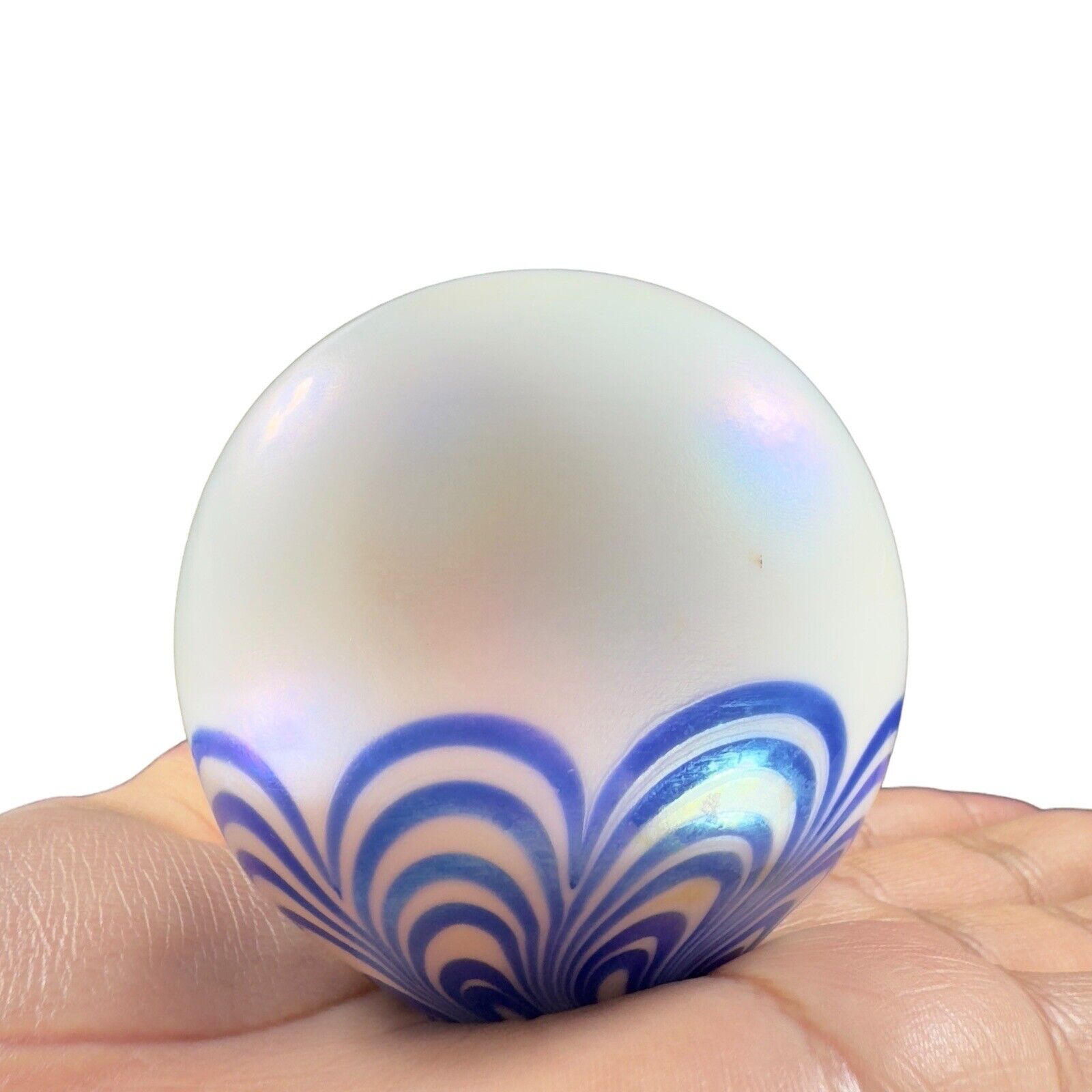 Vintage Art Glass Paperweight Round Orb White Iridescent With Blue Swirls Lines