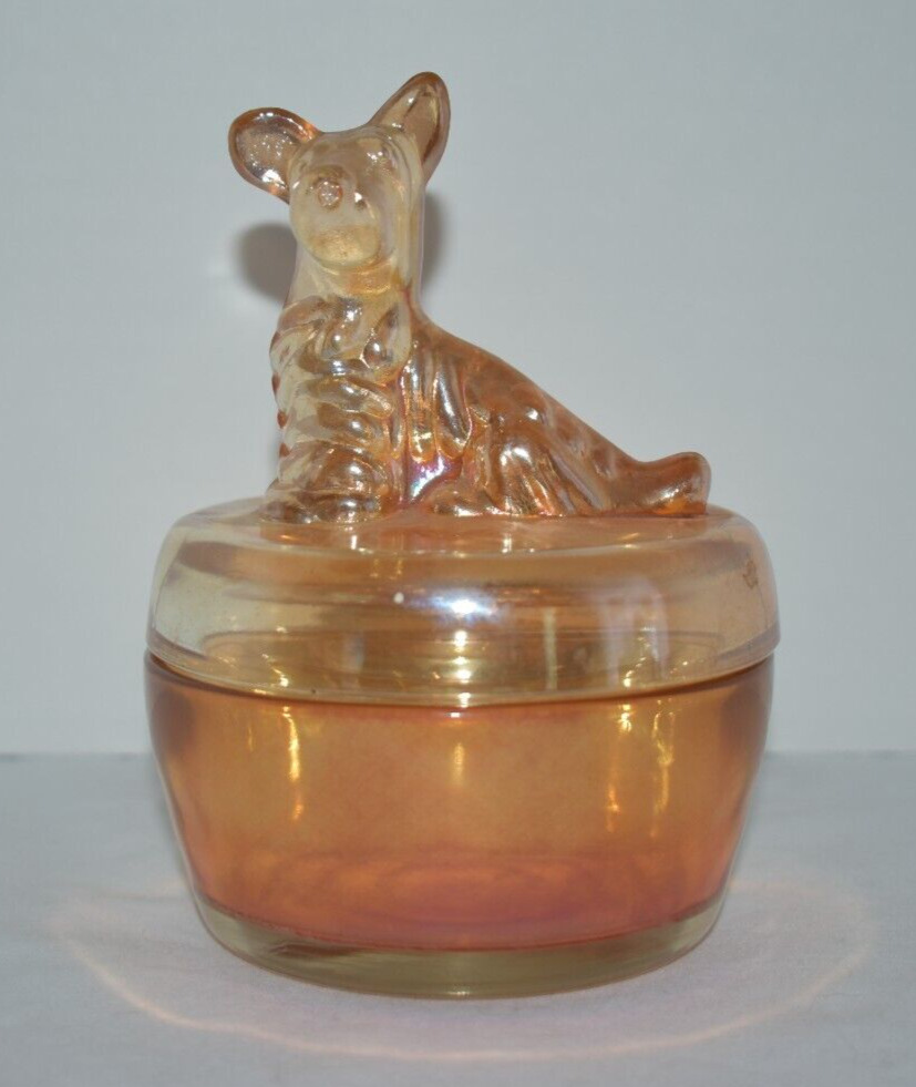 Jeanette Scottie Dog Marigold Carnival Glass Lidded Powder Jar- 1940’s