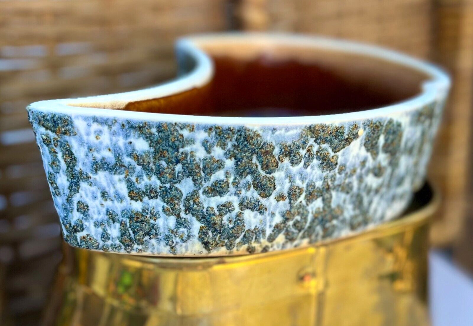 Midcentury Japan Yamasan Ikebana Art Pottery Vase Crescent Lava like Glaze