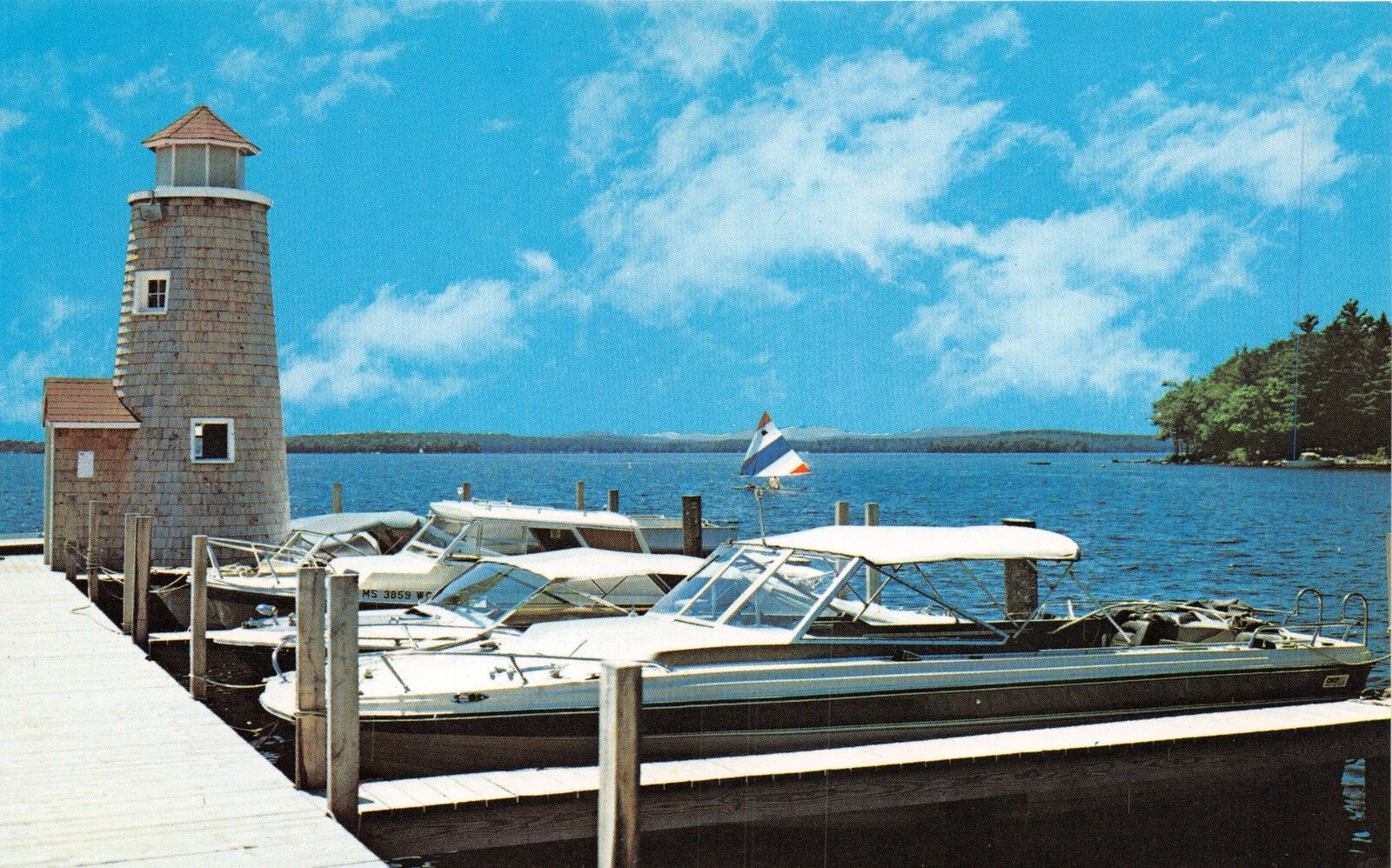 LAKE WINNIPESAUKEE NH BOATS TO VIEW BEAUTIFUL VISTAS & BEACHES POSTCARD c1960s