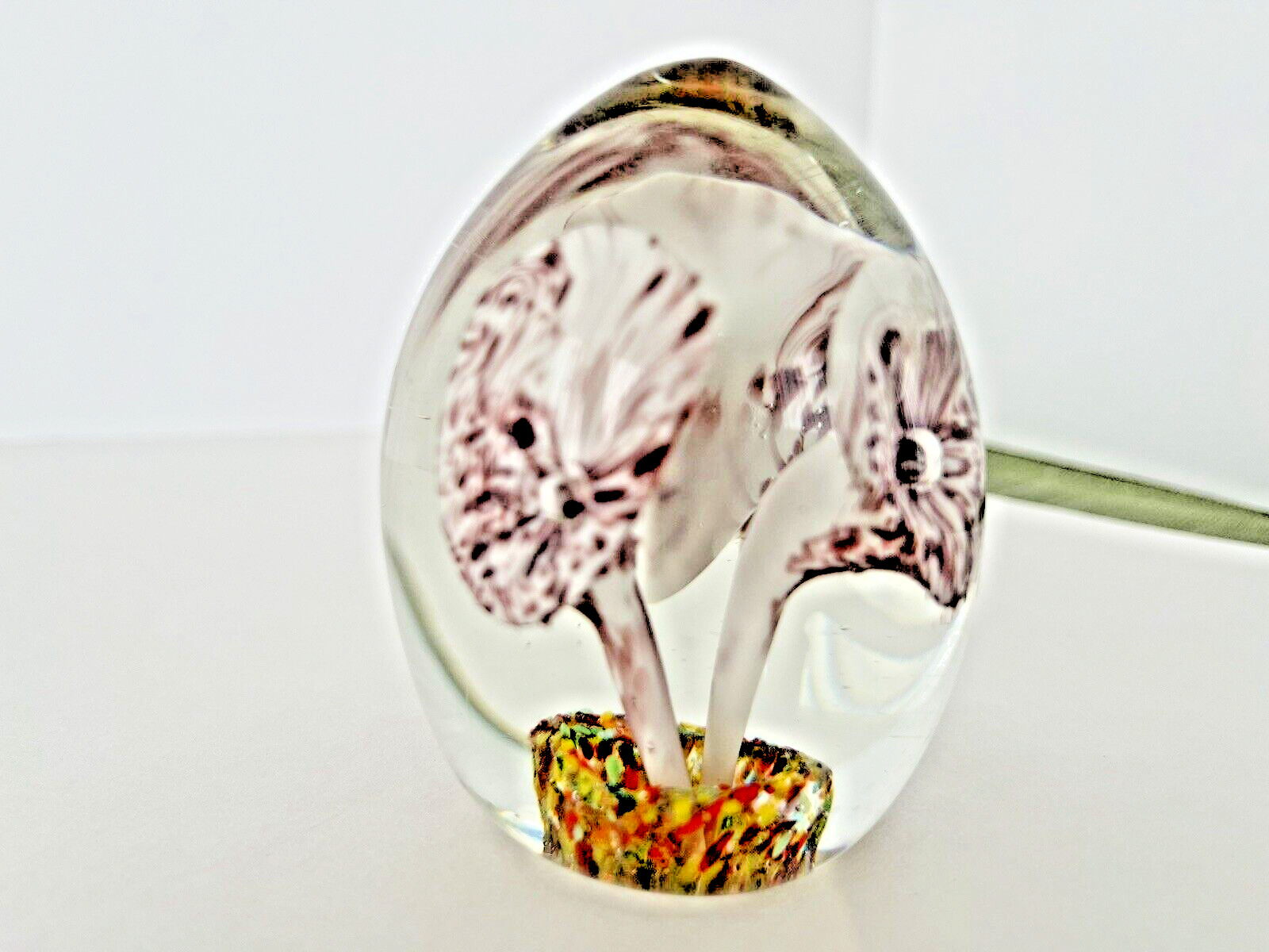 Vintage Glass Paperweight Egg Shape TRUMPET FLOWERS Controlled Bubbles
