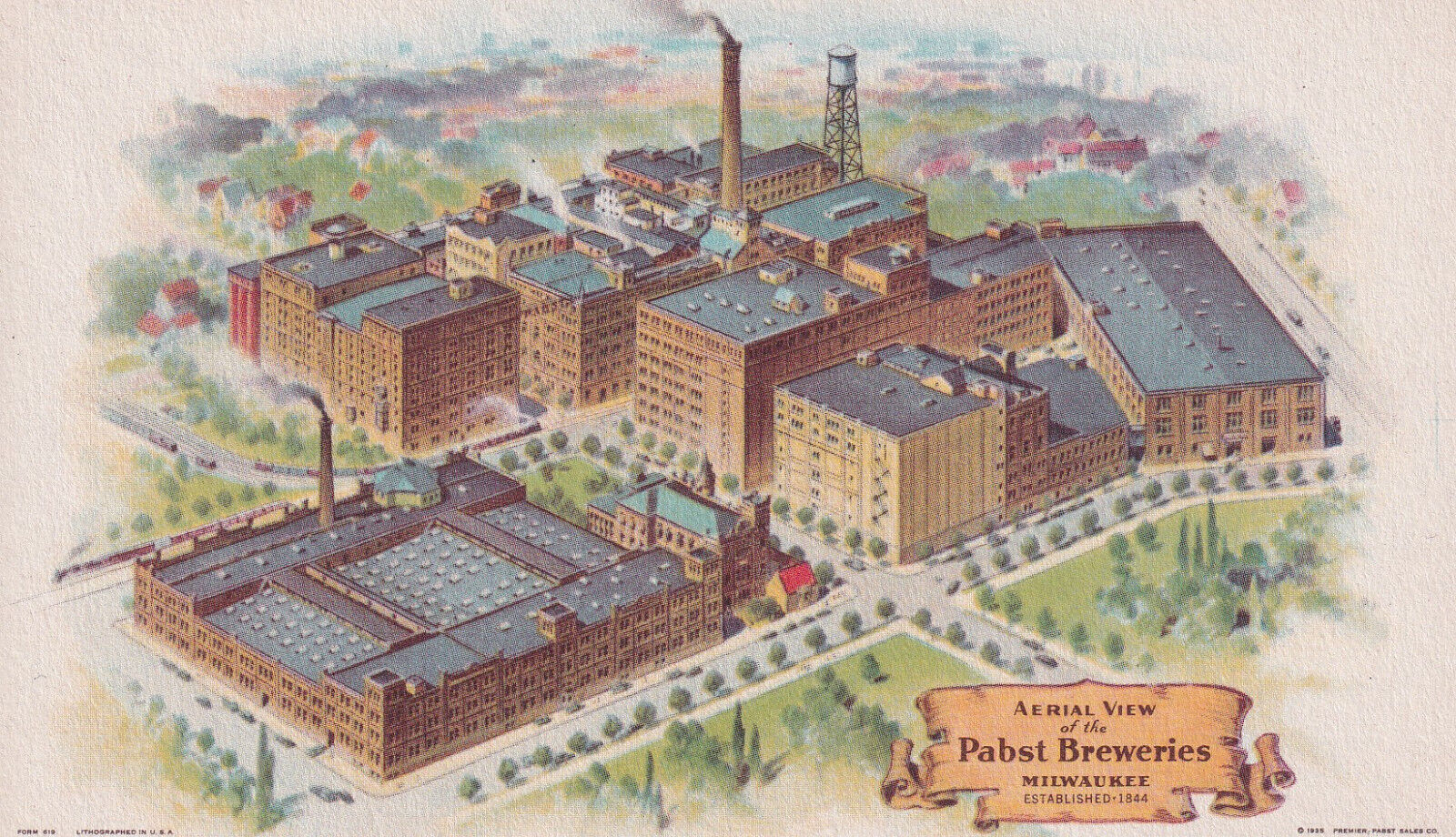 Vintage 1935 Aerial View Pabst Breweries Milwaukee color card Blue Ribbon Beer