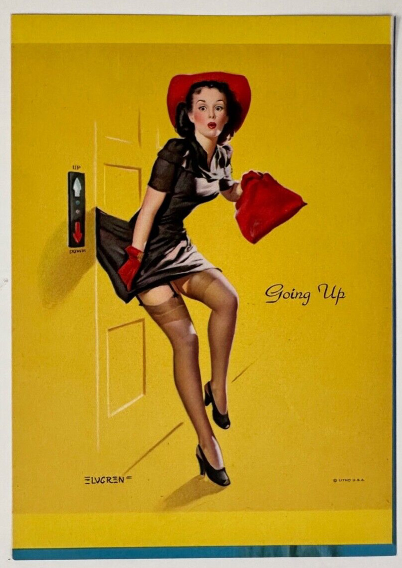 Going Up, Vintage 1940s Gil Elvgren 5x7 Pin-Up Print, Skirt Caught in Elevator