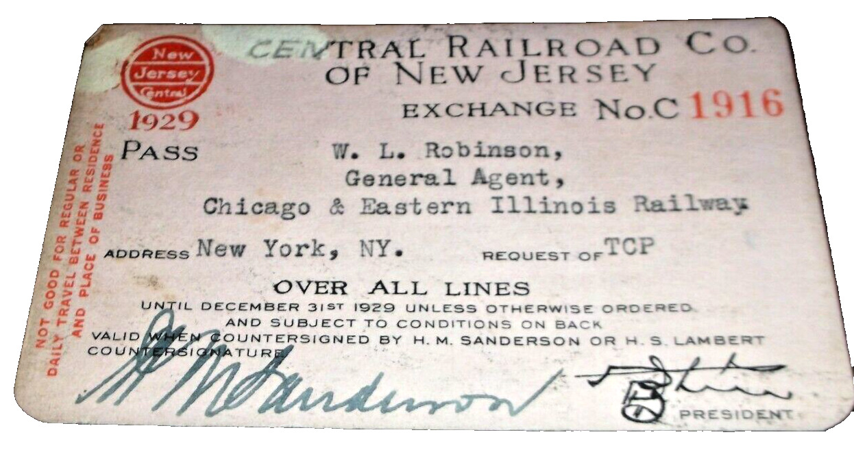 1929 CNJ CENTRAL RAILROAD OF NEW JERSEY EMPLOYEE PASS #1916 C&EI
