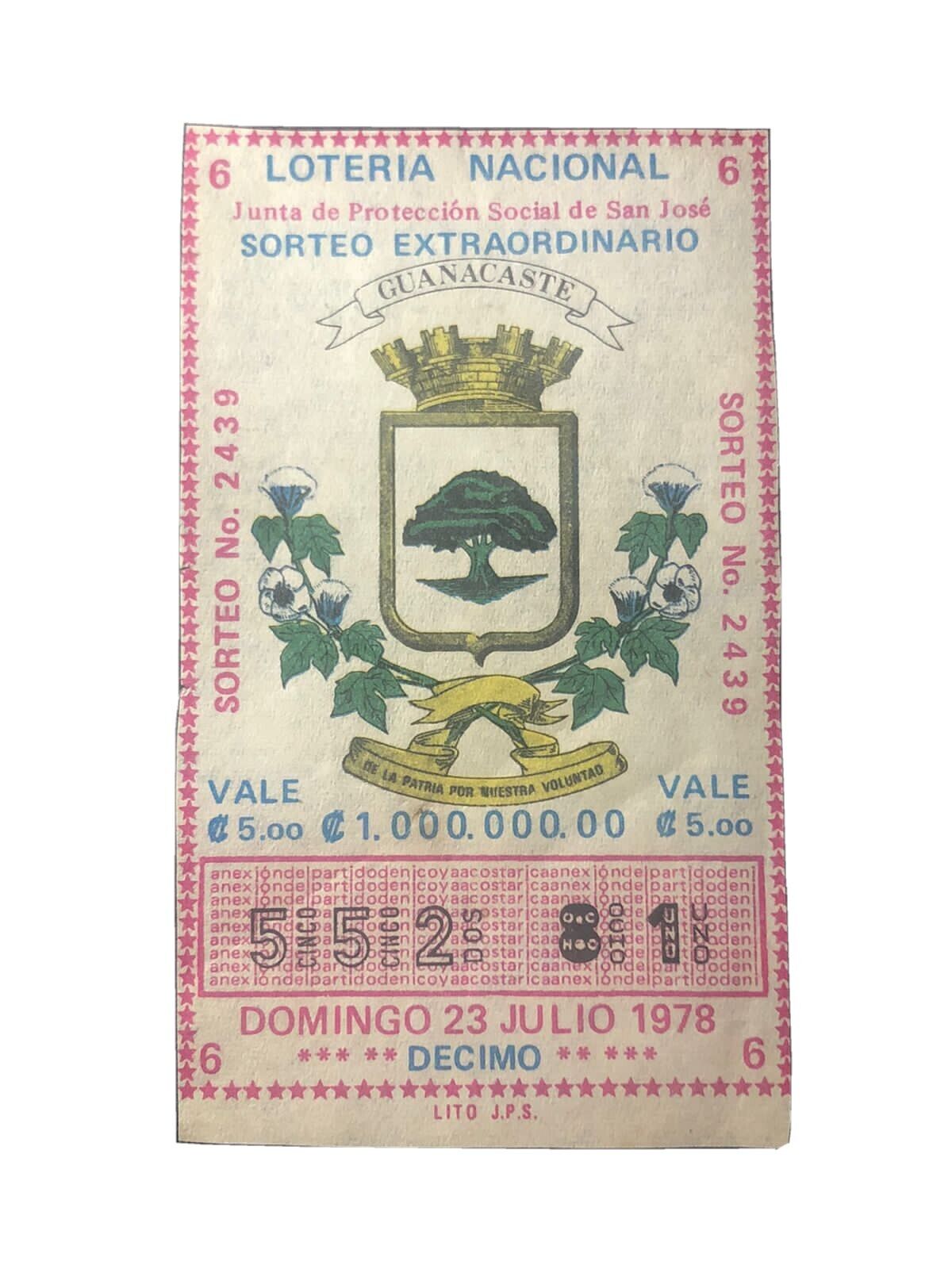Costa Rica old lottery ticket LOTERIA POPULAR J.P.S. July 23th, 1978. Lot 2439.