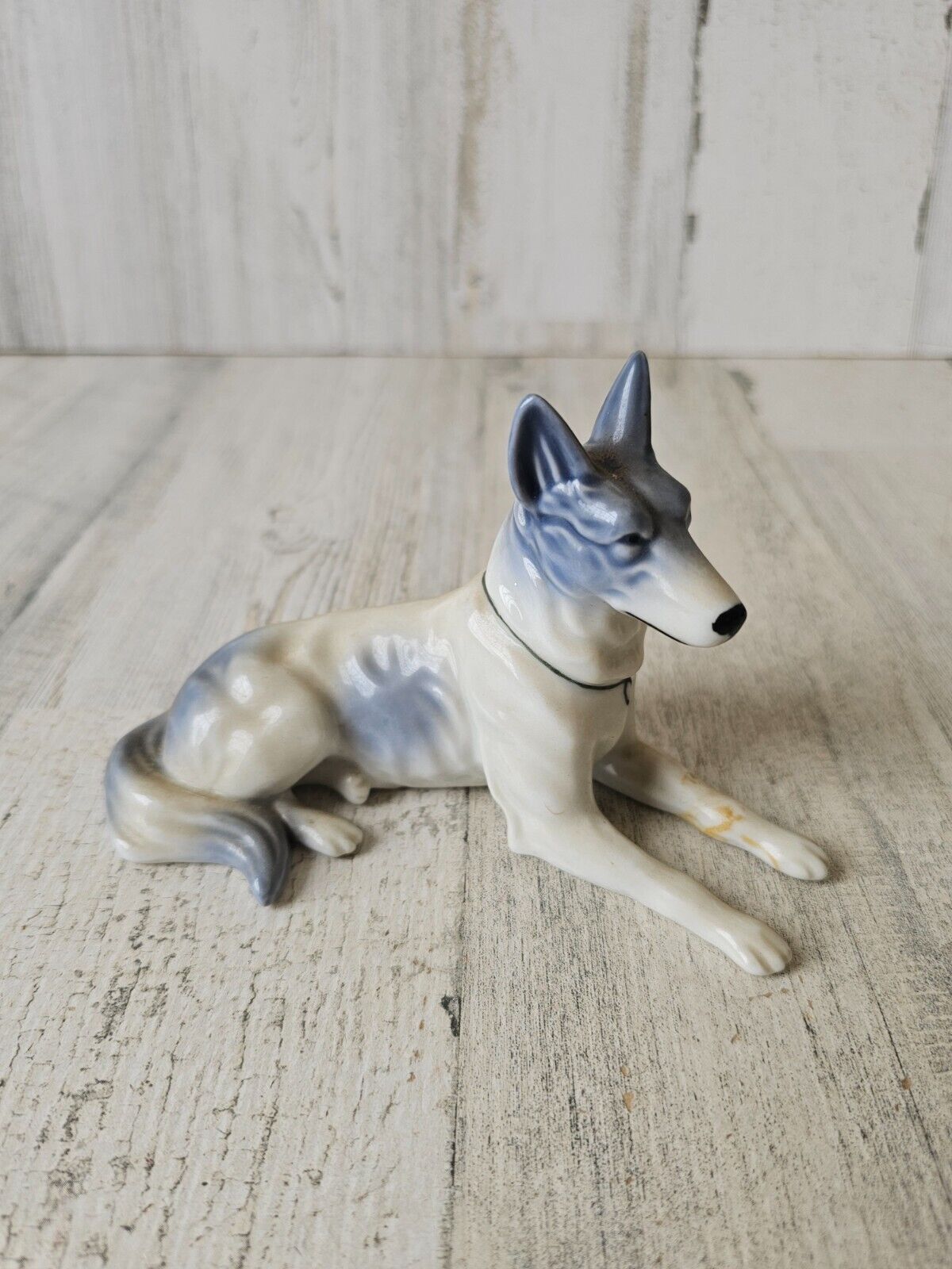 Vintage German Shepherd dog puppy statue figurine porcelain blue Japan
