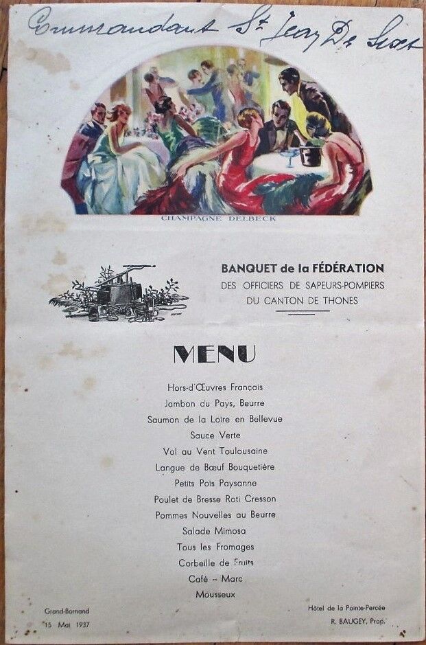 Menu: French 1937 Fire Fighters Banquet w/Champagne Deleck Advertising