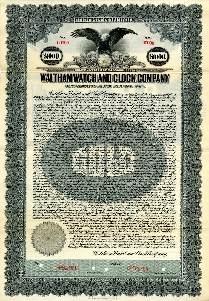 Waltham Watch and Clock Co. - Specimen Bond - Specimen Stocks & Bonds