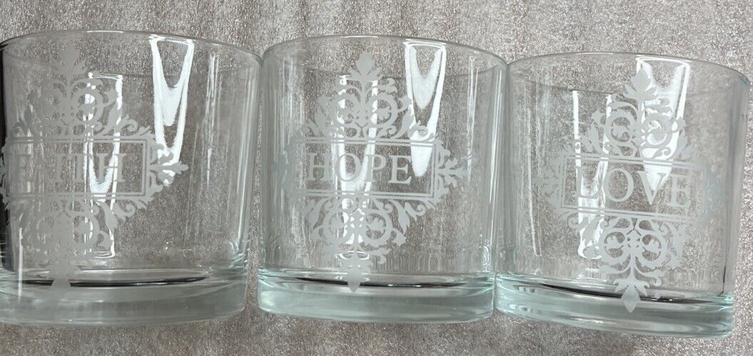 THREE Large Candleholders- 4 1/2” Tall & 4 1/4”Diameter. Faith Hope Love Etched