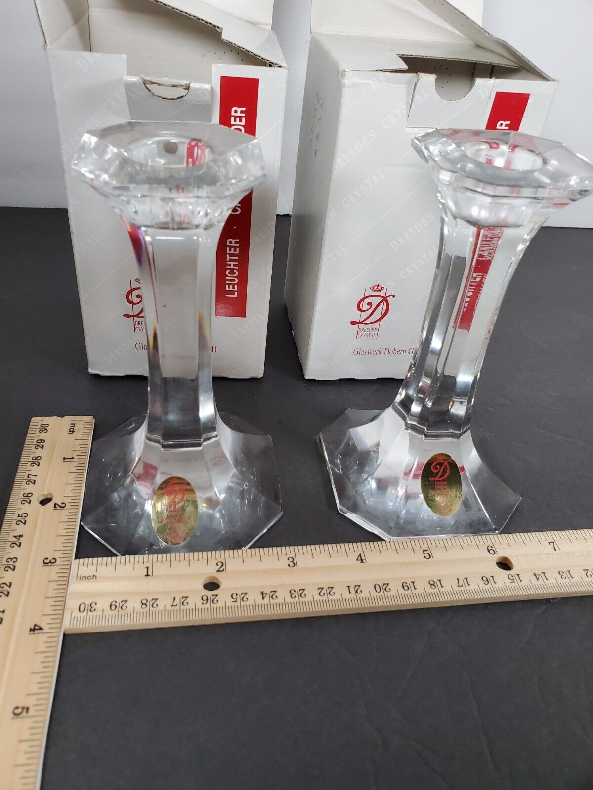 Dresden Lead Crystal Candlesticks Hand Cut Octagon Shape for Taper Germany boxed