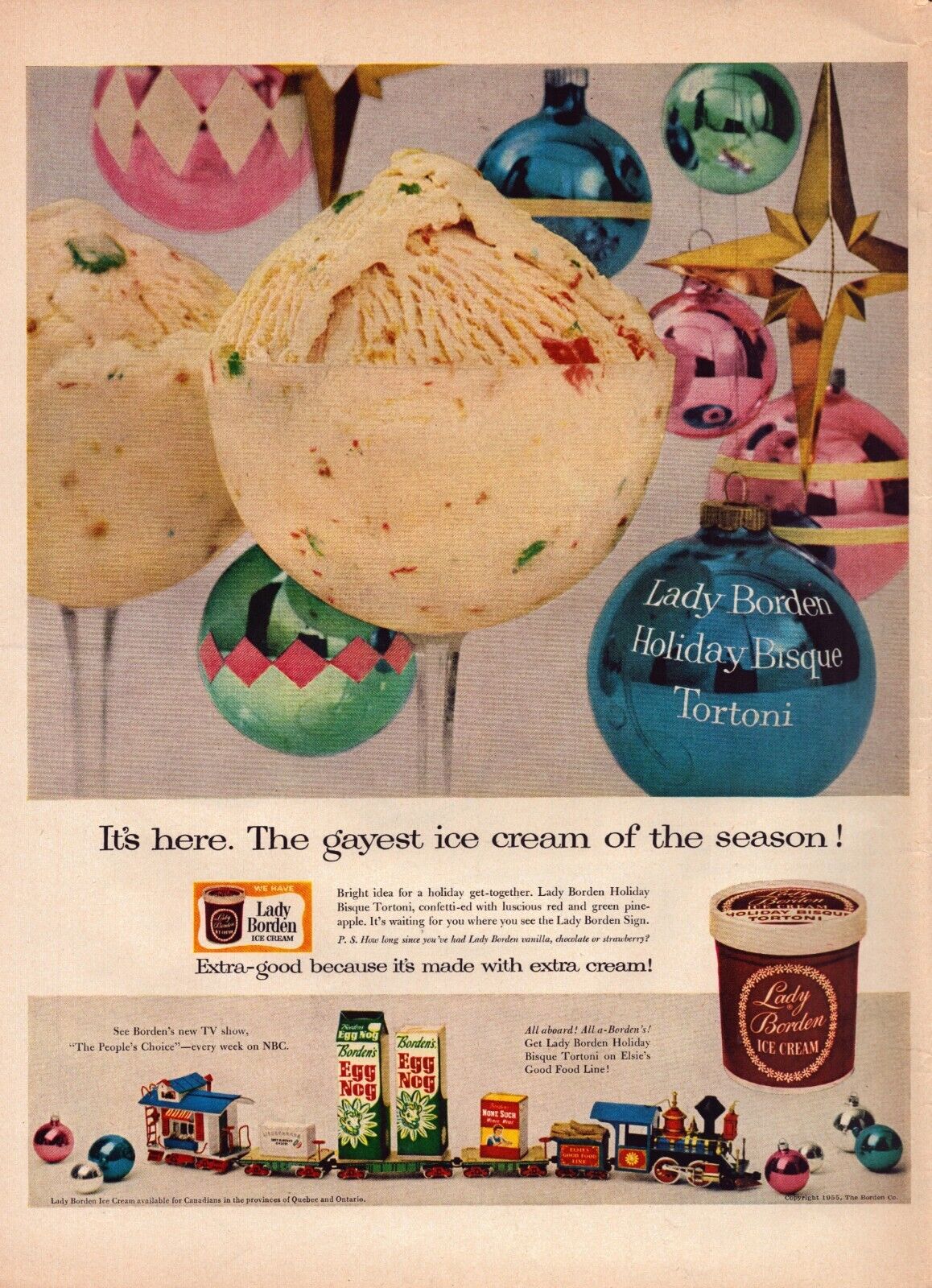 1955 Lady Borden Ice Cream Print Ad Christmas Holiday Bisque Tortoni Ornaments