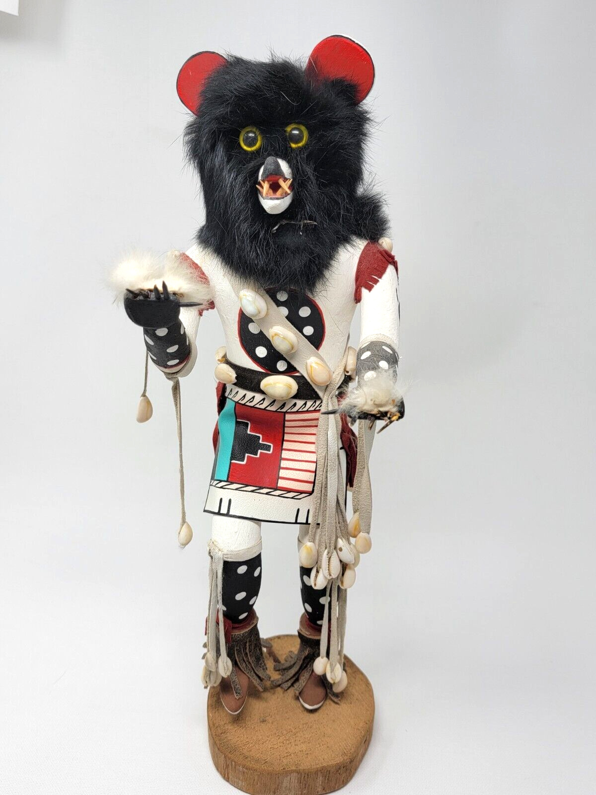 Kachina Doll Black Bear Signed Edison Grueber 1989 Black Fur Seashell Painted 16