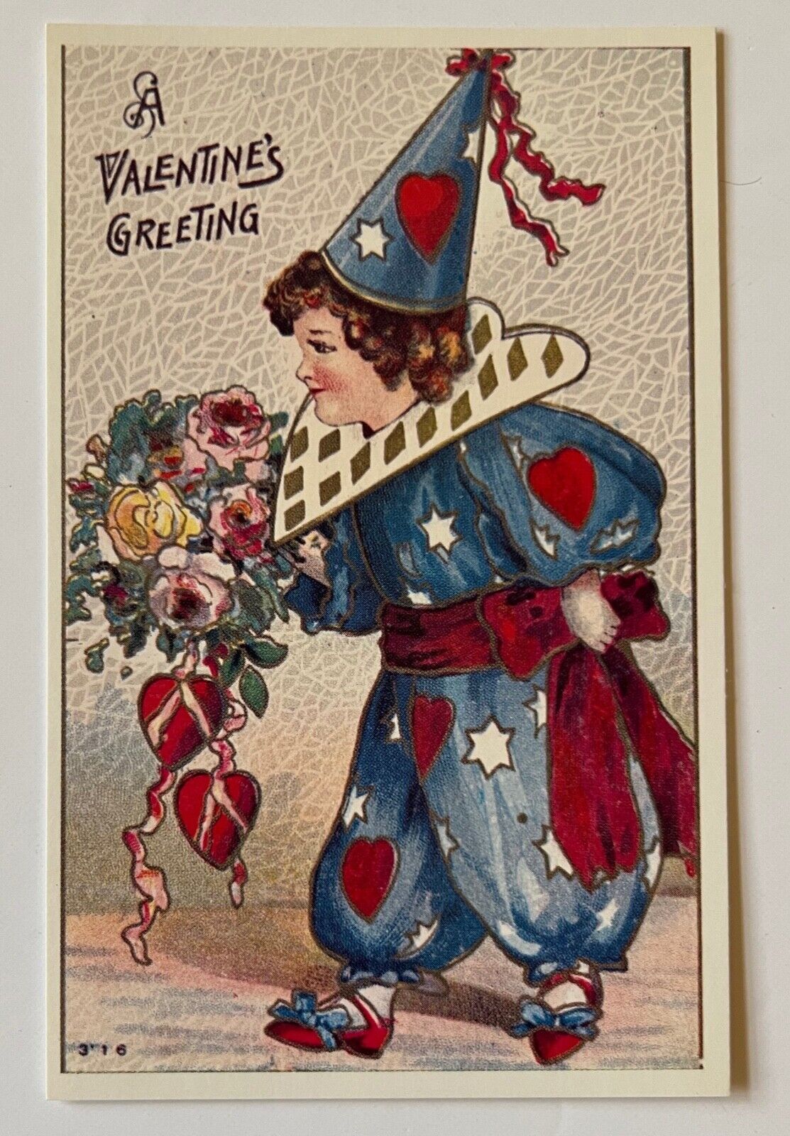 Vintage A Valentiine\'s Greeting Postcard Boy Harlequin Clown Bouquet Flowers