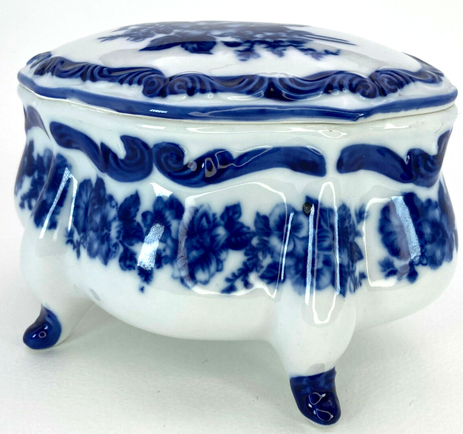 Oval Trinket Box Flow Blue Porcelain Footed Floral Embossed 6\