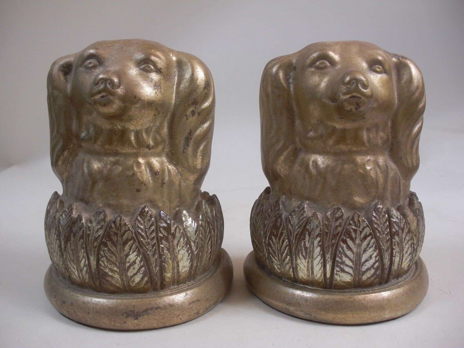 Rare Pr Large Gilded Spaniel Head Bookends Bust Laurel English Grand Tour Style