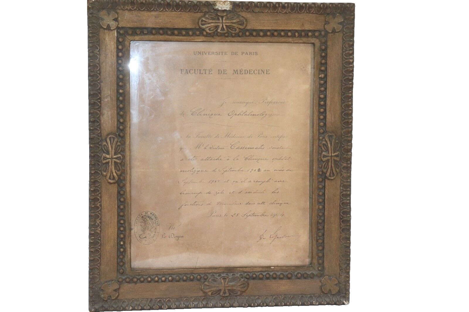 Rare Vintage Education Degree From The University Of Paris In Medicine 1904.