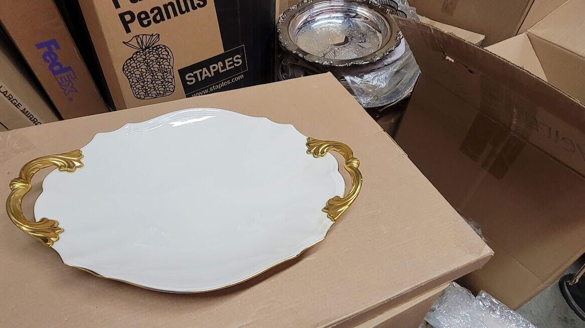 LENOX USA Porcelain TRAY/Platter, CREAMY WHITE, GOLD ACCENT handles, 17 x 12