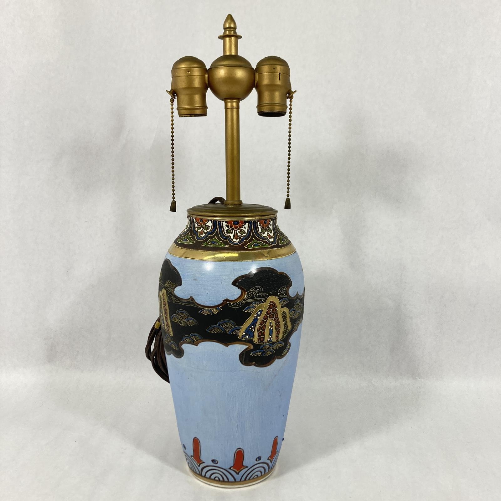 Antique Hand Painted Chinese Dbl Bulb Ginger Jar Electric Lamp Landscape Scene