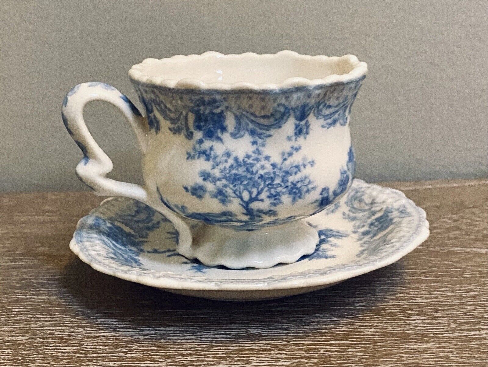 Burton and Burton Blue and Ivory Fancy Toile Teacup and Saucer