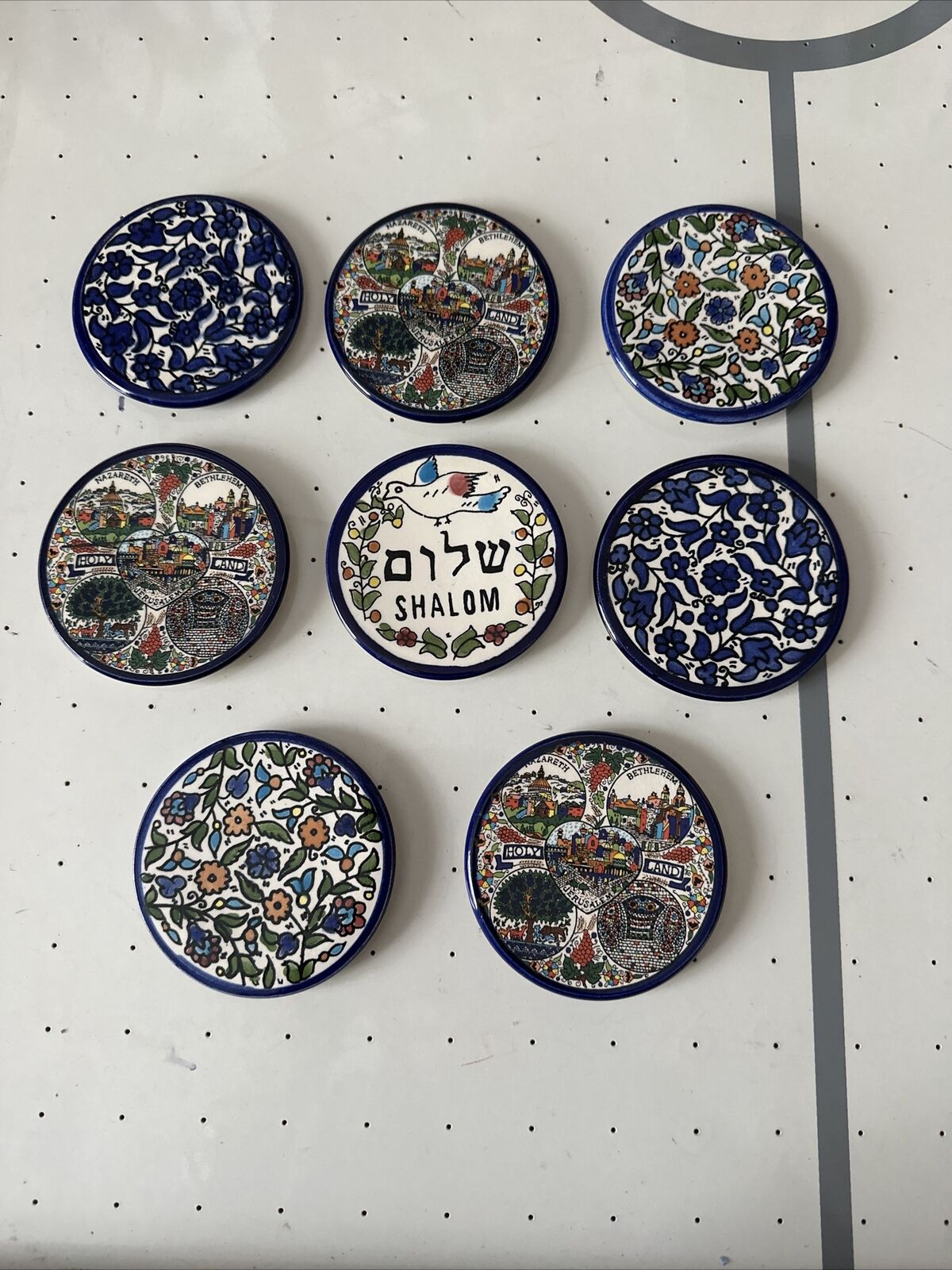 Vintage Armenian Hand Painted Pottery Wall Hangings/Coasters Set of 8, 3 Inches