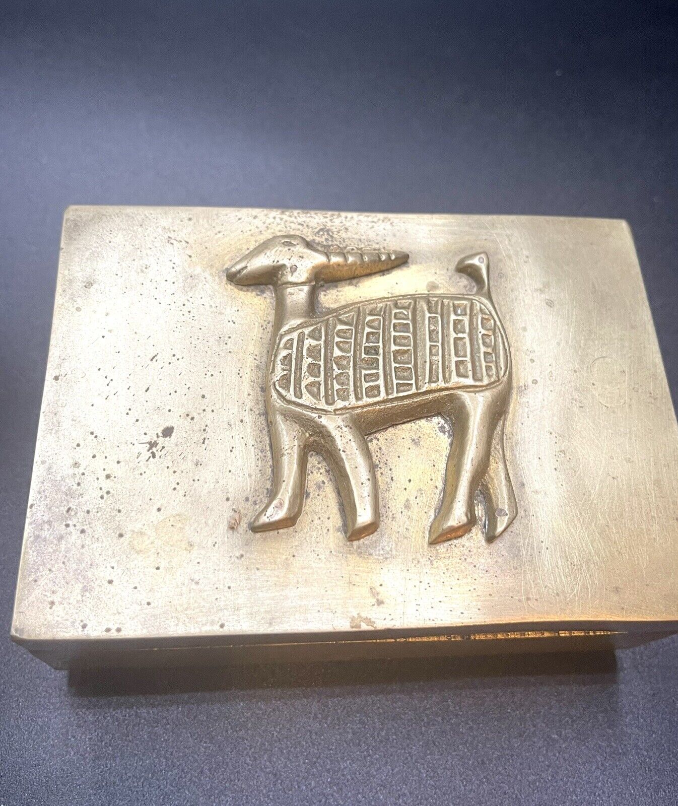Old Primitive Ethnic Solid Brass Box Mystery Animal, South American? Goat Sheep
