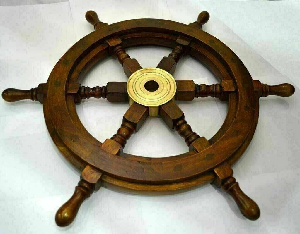 Maritime Brass Anchor 24 Inch Ship Steering Wheel Decor Item Wooden Nautical