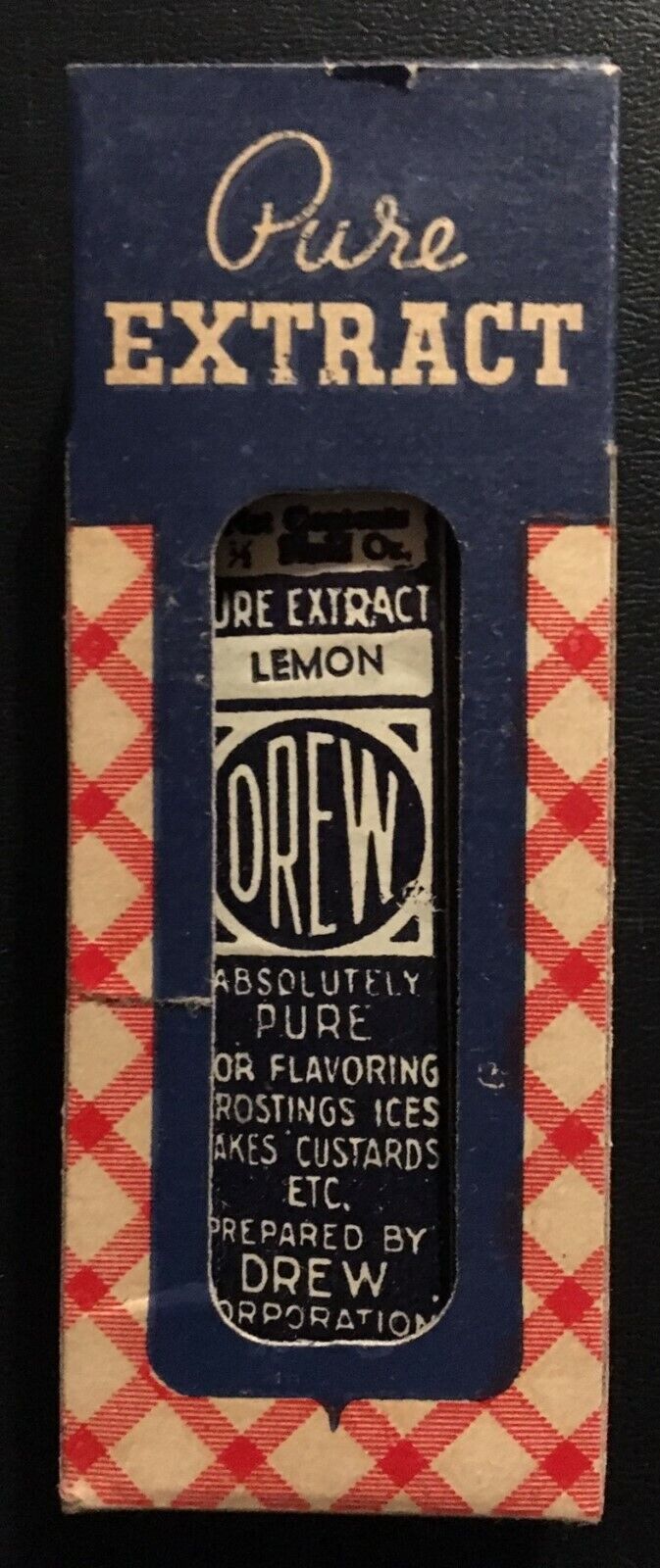1920 Full Bottle of Drew Pure Lemon Extract in Original Red, White, Blue Box