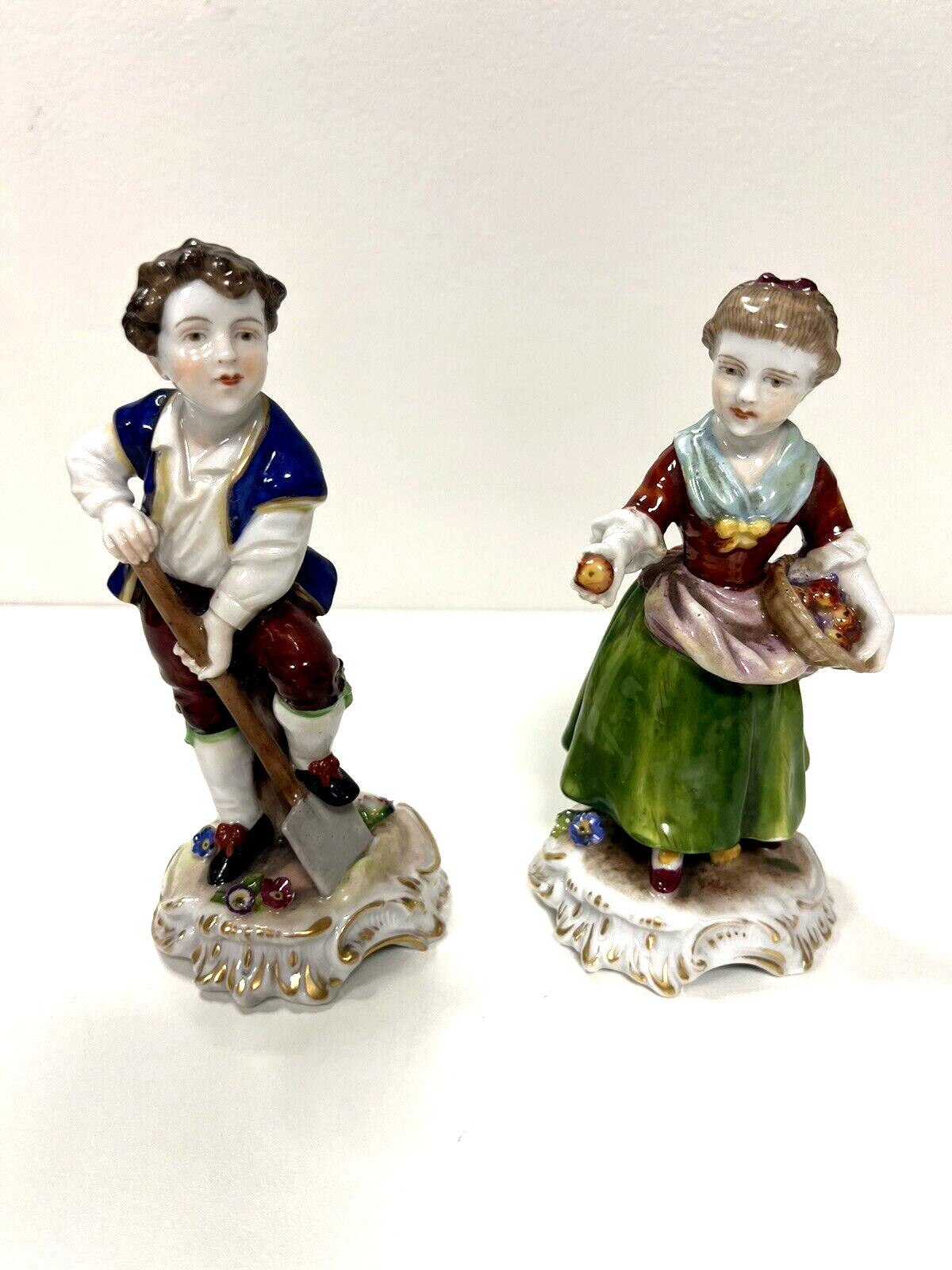 Antique Von Schierholz Dresden Porcelain Boy Shovel Girl Apples Figurine Statues