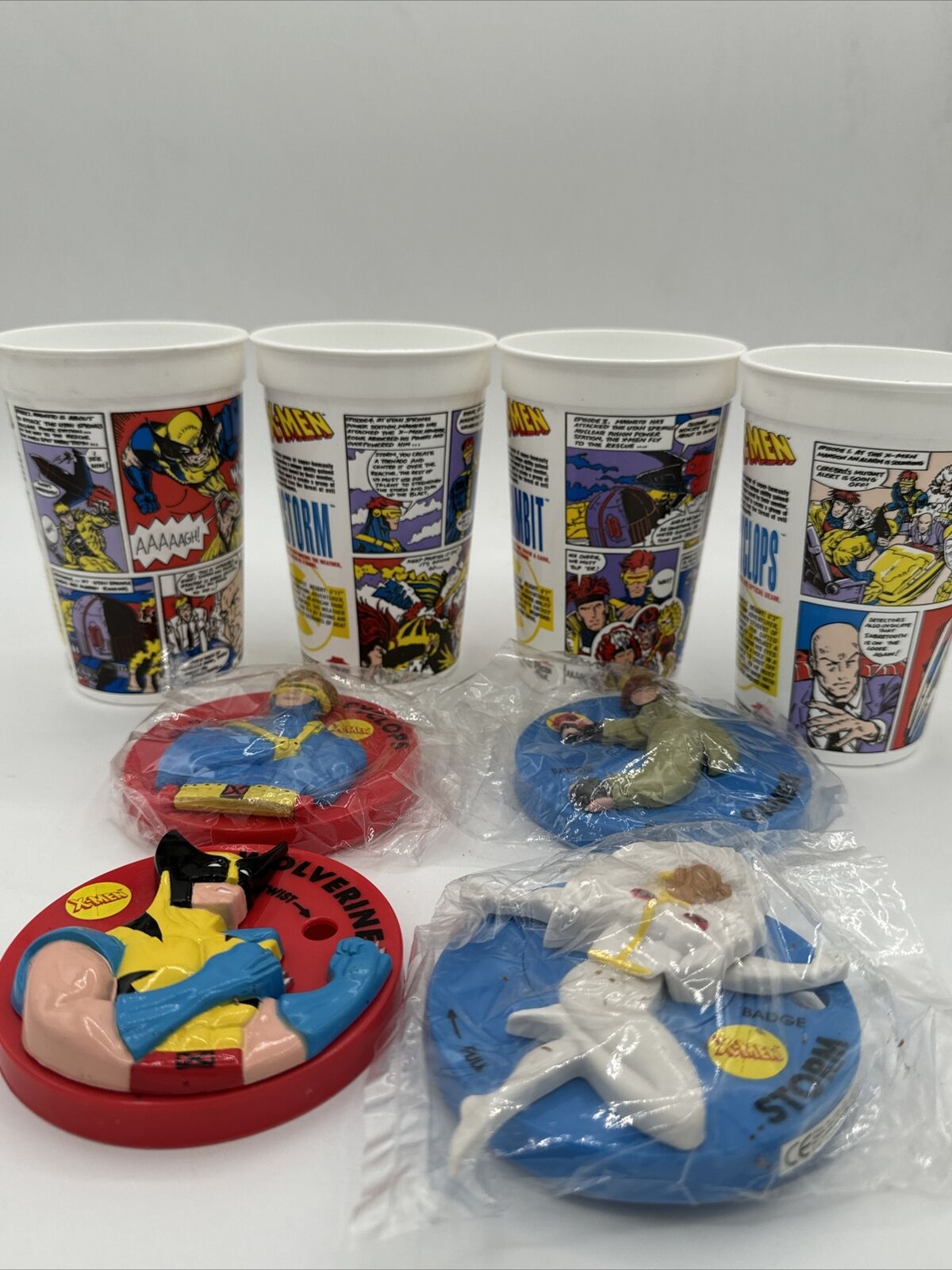 Lot Of 4 X-men Comic Strip Pizza Hut 1994 Cups With Lids 3D Rare Set