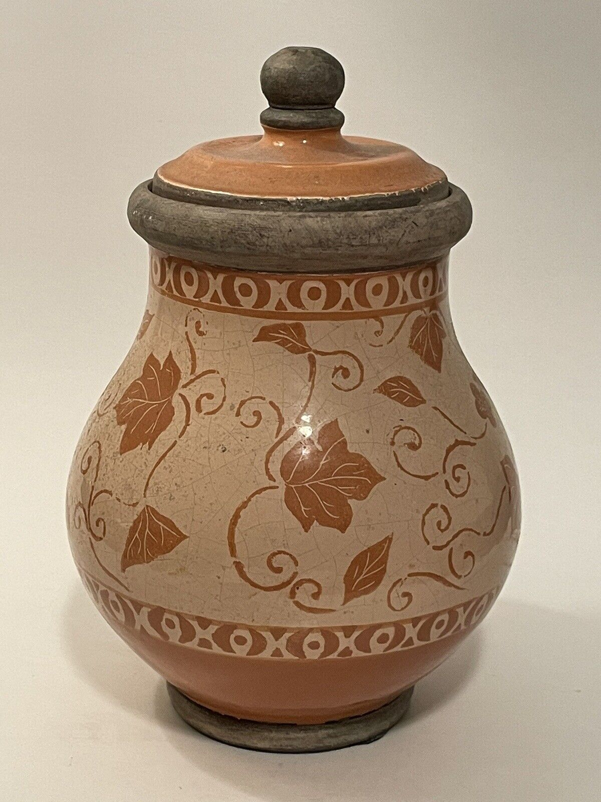 Vase Urn Canister with Lid Earthen Stoneware Crackle Orange Leaves Vine 10\