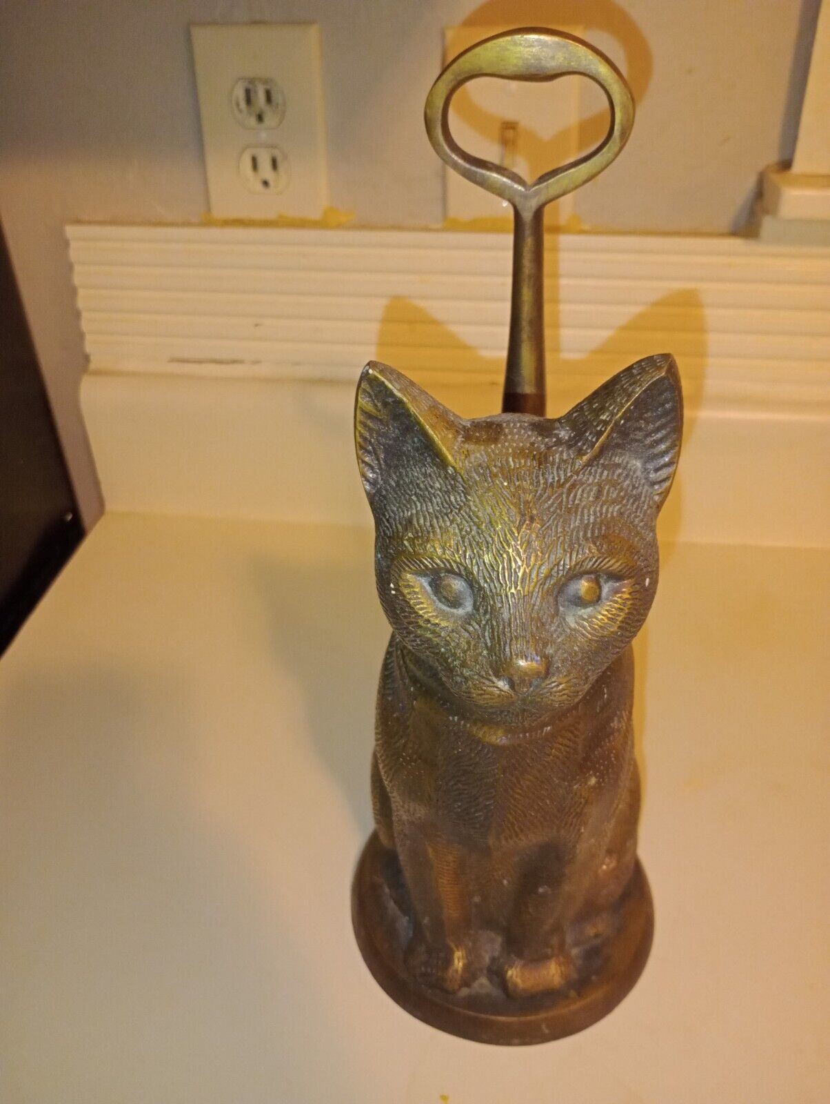 Vintage Large Solid Brass Cat Doorstop with Handle 14\