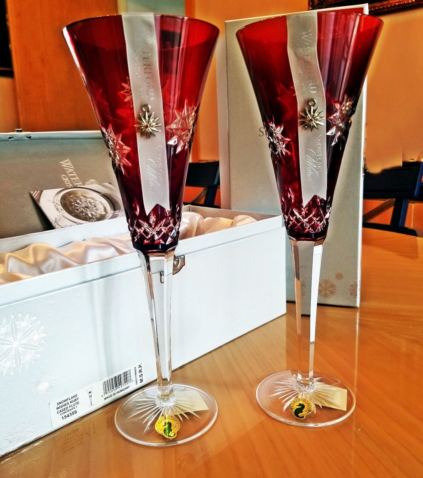 SALE TWO WATERFORD SNOWFLAKE WISHES FOR JOY RUBY FLUTES, NEW IN THE BOXES 