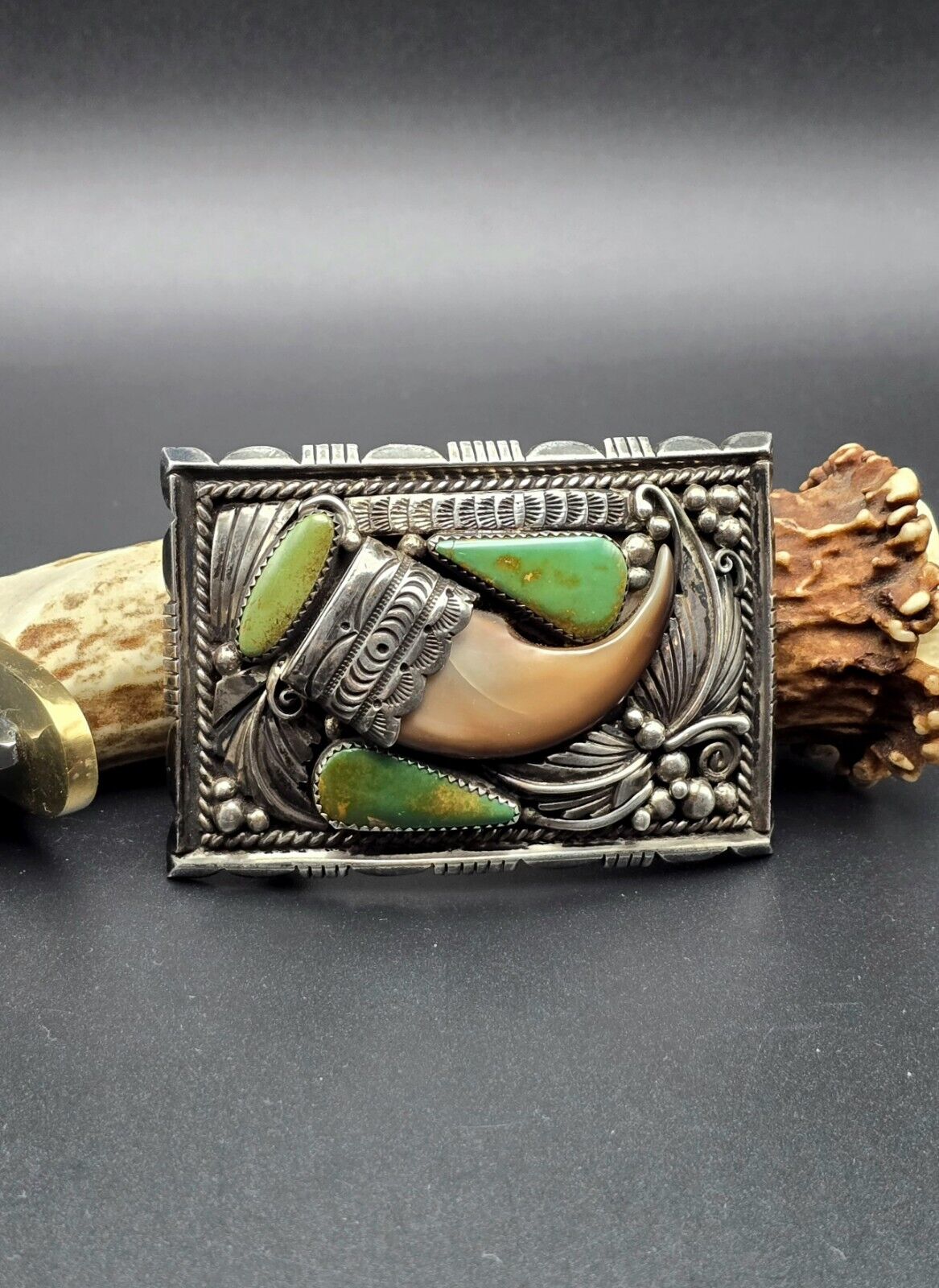 Native American Sterling Silver Claw/Turquoise Belt Buckle