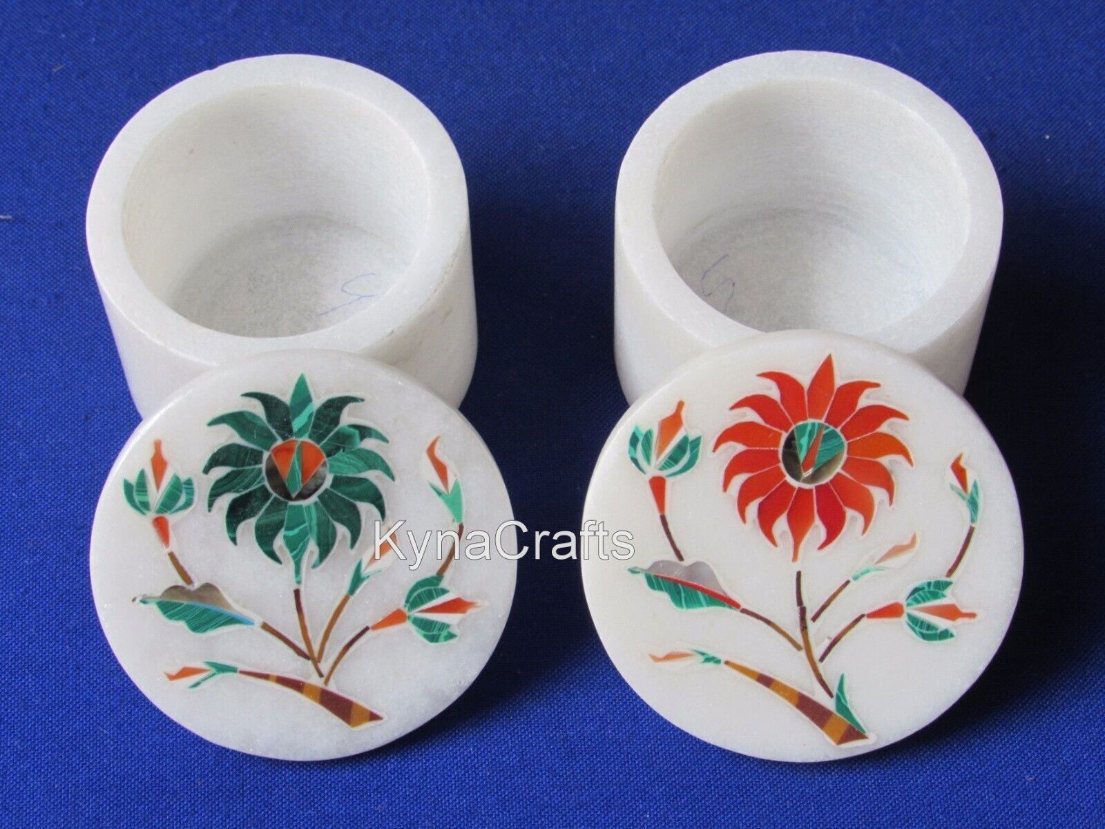 2.5 Inches Unique Design Inlay Work Pin Box Marble Trinket Box Set of 2 Pieces