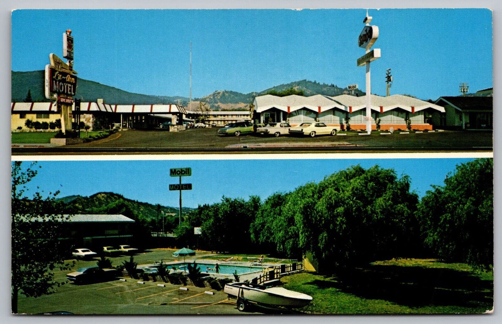 California Ukiah Lu Ann Motel Multi View Old Car Swimming Pool Boat VTG Postcard