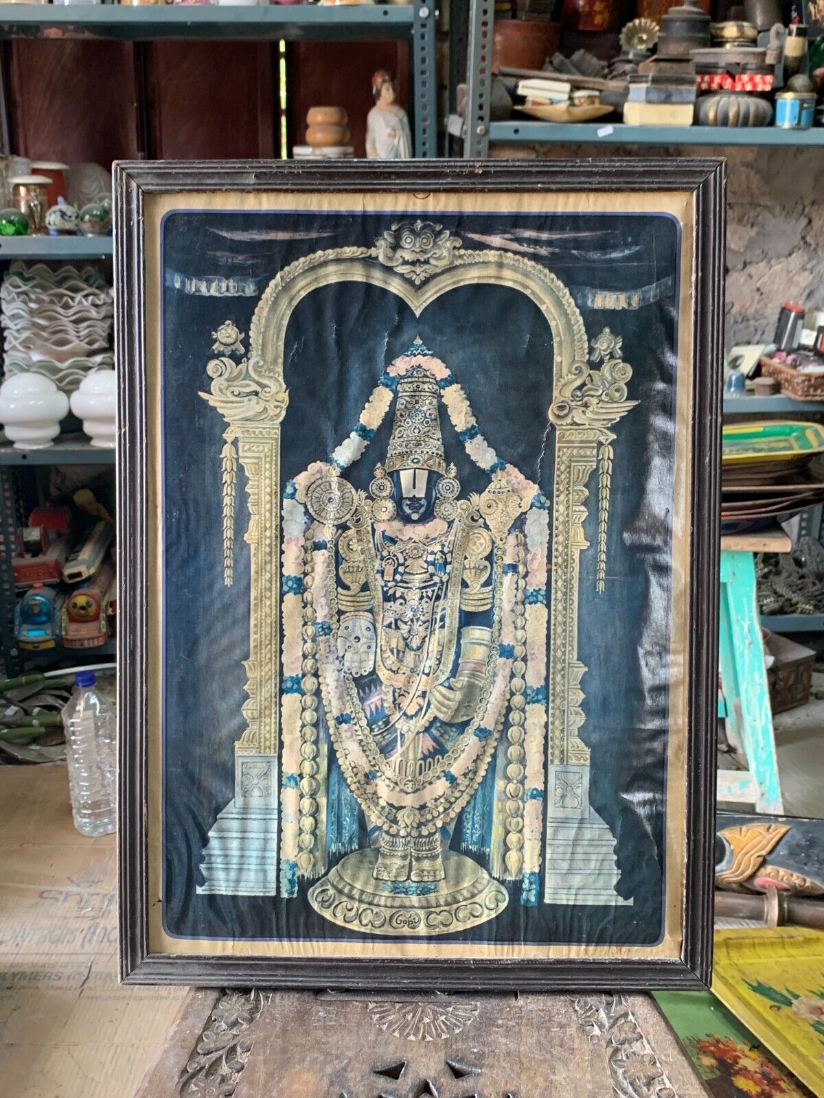 Vintage Lord Tirupathi Balaji Tanjore Painting Lithograph Print Wooden Framed