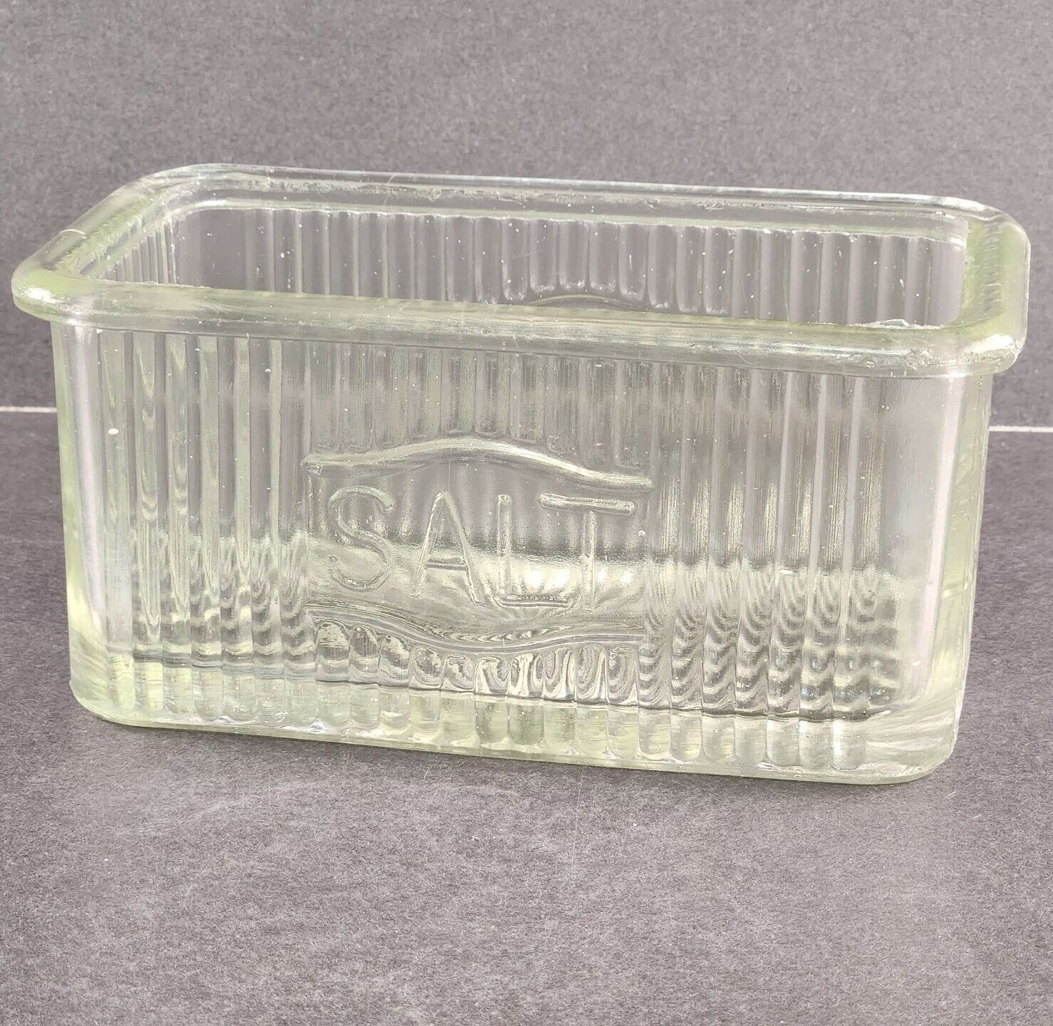Hoosier Clear Glass Salt Box Ribbed Rectangle Vintage 6.75\