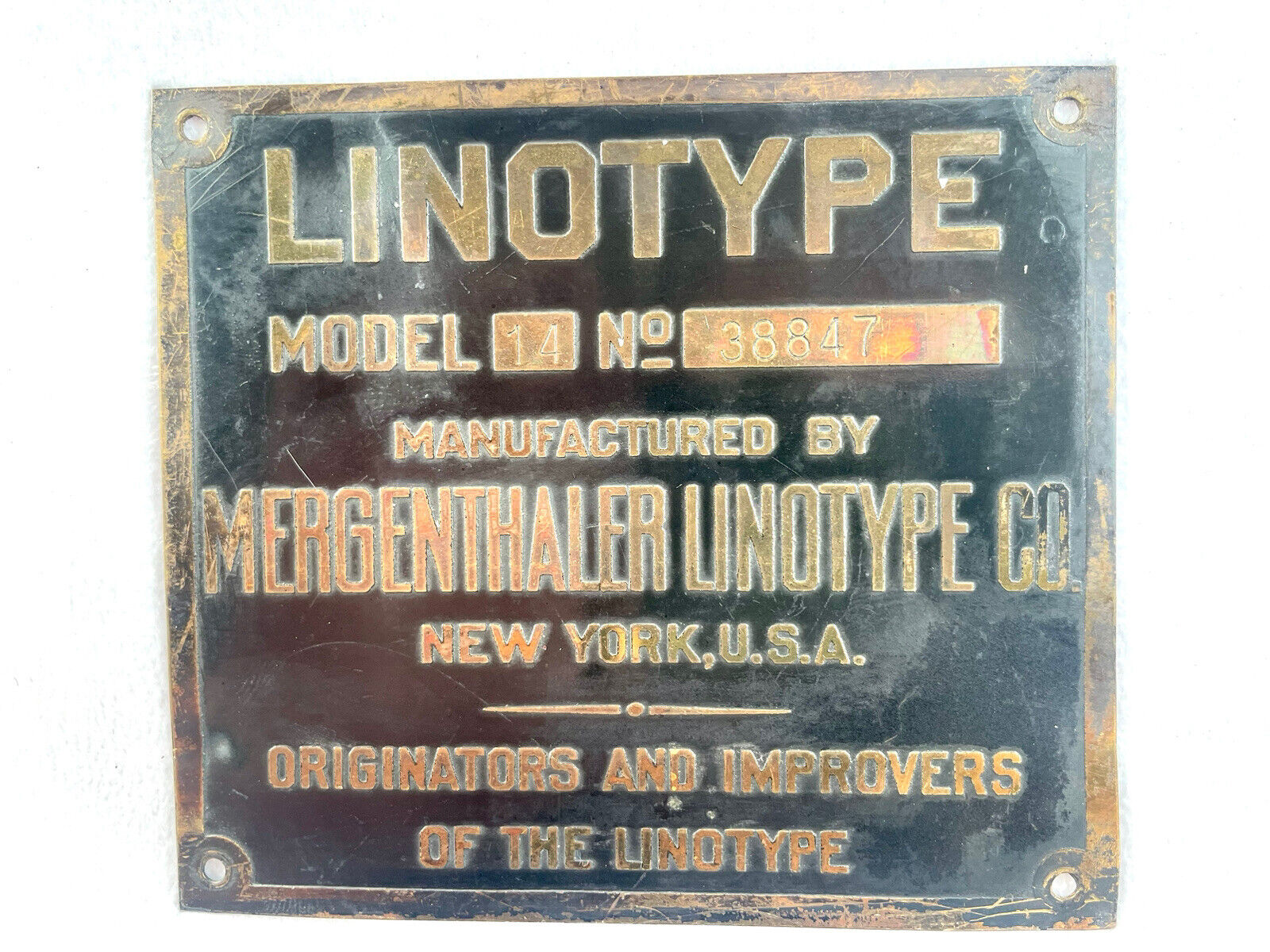Antique - Linotype Model 14 Brass Plaque Badge Plate - 4.5”x4.0\
