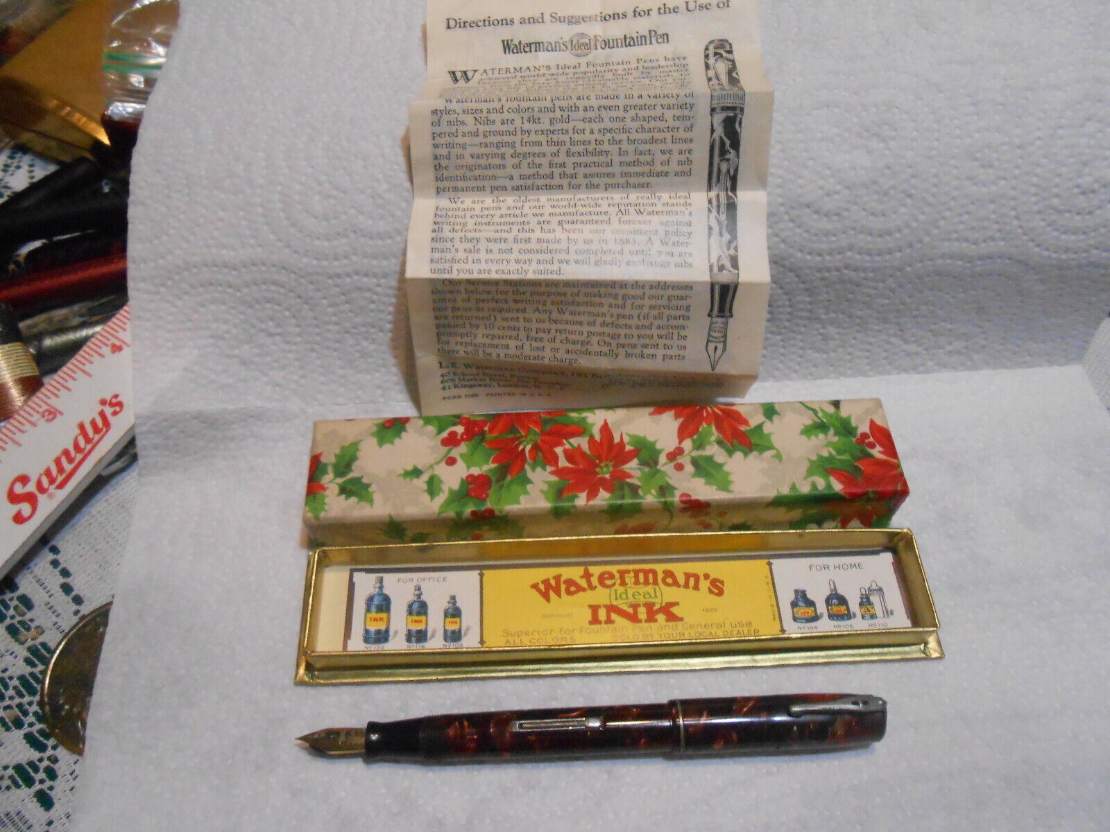 Vintage Waterman’s Ideal 3V Fountain Pen 14K Nib BURGANDY Pearl   NICE XMAS  BOX