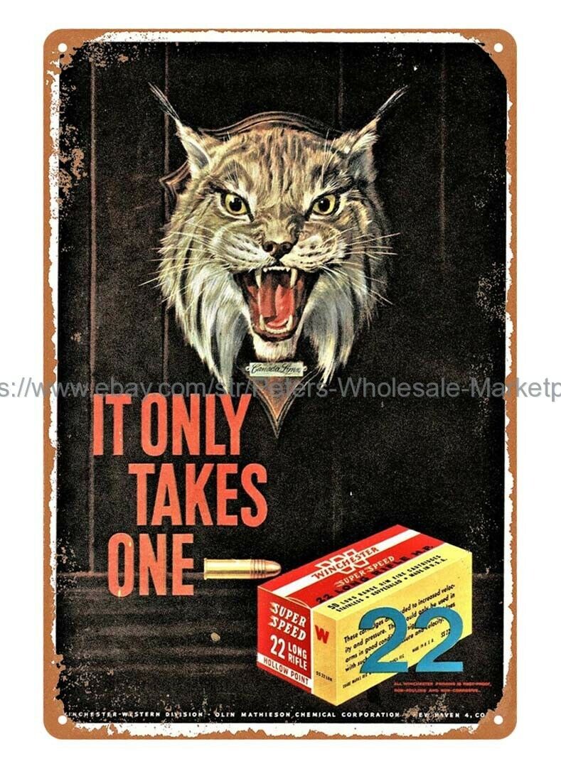1957 WINCHESTER .22 Long firearm ammunition Canada Lynx Art metal tin sign