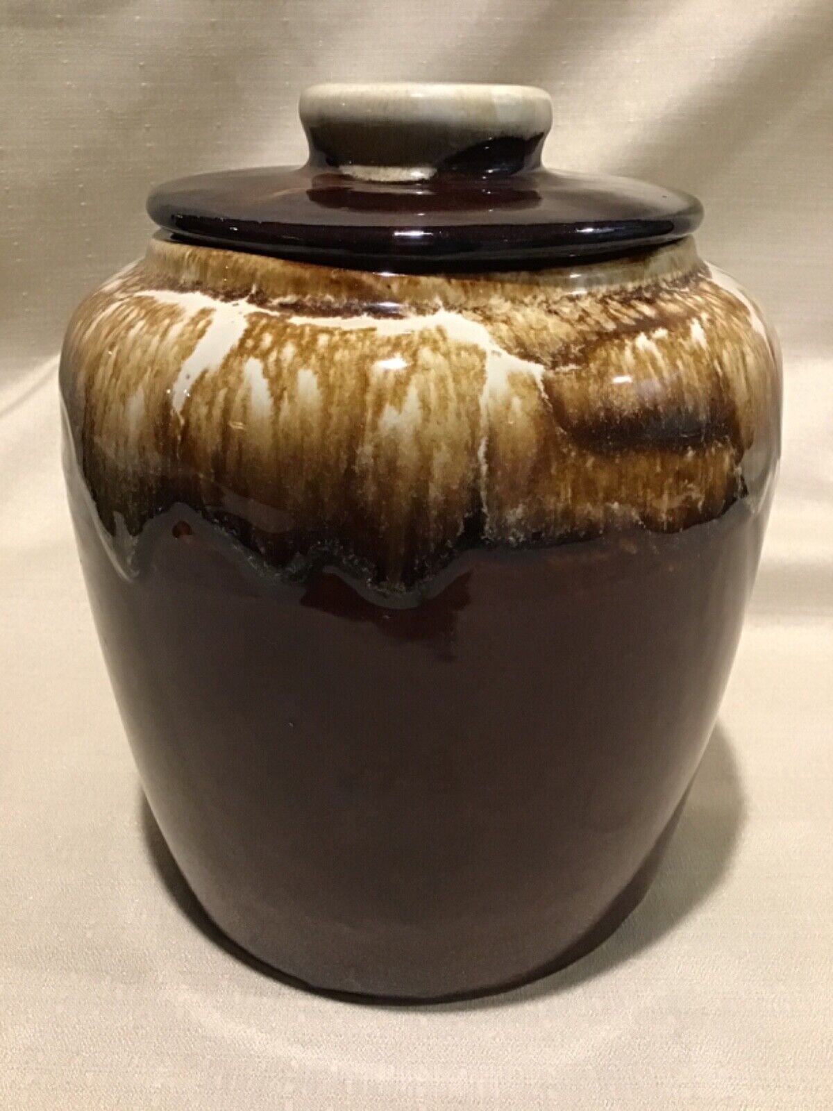 Vintage Large Brown Drip Ceramic Covered Canister Cookie Jar