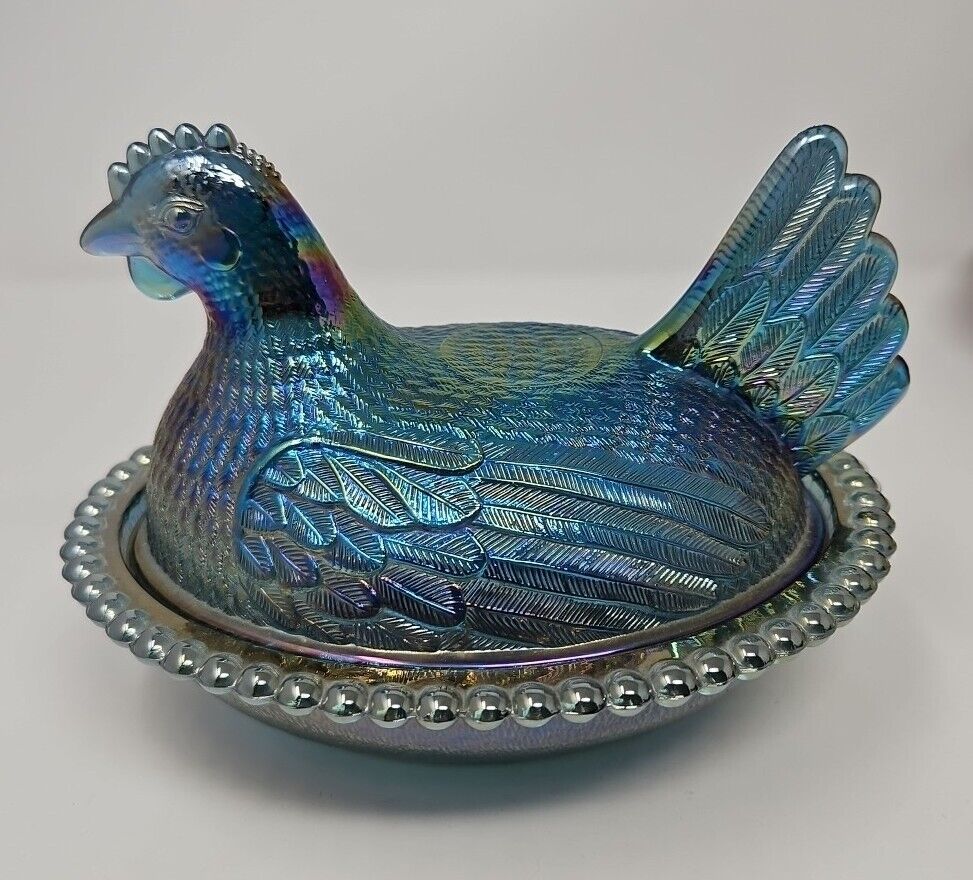 VTG Indiana Glass Hen on Nest Iridescent Turquoise Blue Carnival Glass 7\