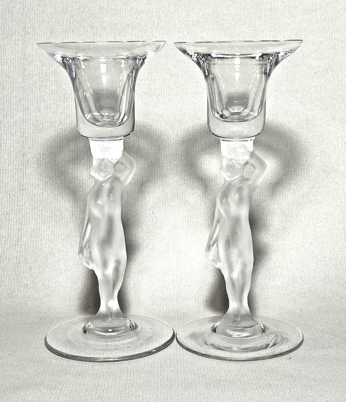 BAYEL ~ Early Pair of  FROSTED NUDE FEMALE Crystal Candle Holders ~ France